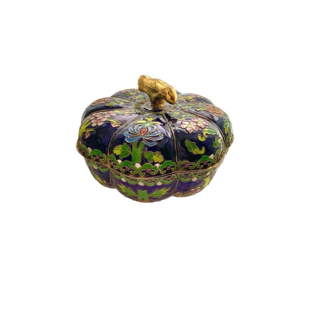 Trinket Box Oriental Enamel Cloisonné Lidded Dish Pumpkin Shape Vintage Decor